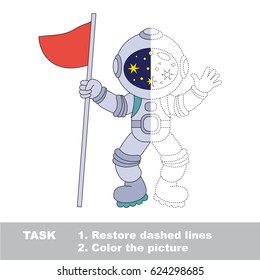 Spaceman with flag. Dot to dot educational game for kids. Half tracing and coloring book.