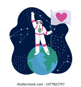 Spaceman with flag  in outer space with stars, moon, constellation on background. Woman astronaut out of spaceship exploring saturn, universe and galaxy. Cartoon cosmonaut in spacesuit for your design