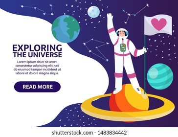 Spaceman with flag in outer space with stars, moon, constellation on background. Woman astronaut out of spaceship exploring saturn, universe and galaxy. Cartoon cosmonaut in spacesuit vetor banner.