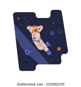 Spaceman floating in outer space, relaxed astronaut flying, flat vector illustration. Man in space suit. Cartoon character of cosmonaut. Planets, asteroids and stars background.