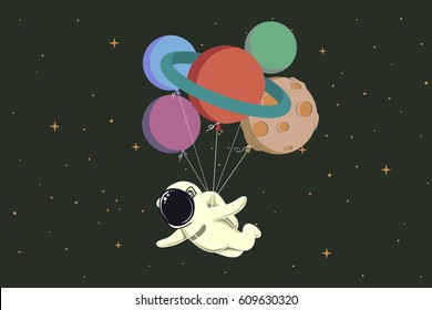 spaceman flying with balloons like a planets in space.Childish cartoon vector illustration