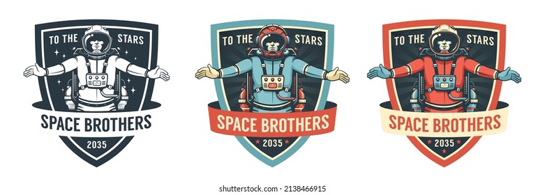 Spaceman flying with jetpack - retro badge. Space emblem with astronaut. Vector image.