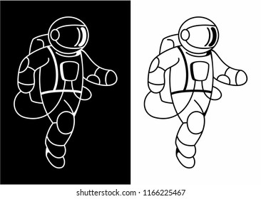 Spaceman flying in open space, astronaut in spacesuit floating in weightlessness. Vector illustration on black and white background.
