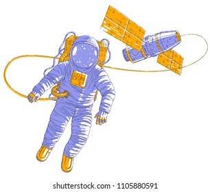 Spaceman flying in open space connected to space station, astronaut man or woman in spacesuit floating in weightlessness and iss spacecraft behind him. Vector illustration isolated over white.