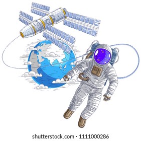 Spaceman flying in open space connected to space station and earth planet in background, astronaut man or woman in spacesuit floating in weightlessness and iss spacecraft behind him. Vector.