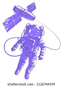 Spaceman flying in open space connected to space station, astronaut man or woman in spacesuit floating in weightlessness and iss spacecraft behind him. Vector illustration isolated over white.