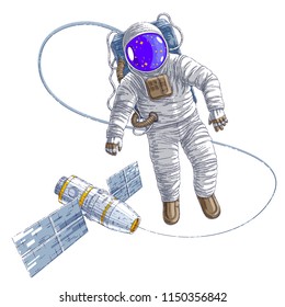 Spaceman flying in open space connected to space station, astronaut man or woman in spacesuit floating in weightlessness and iss spacecraft behind him. Vector illustration isolated over white.