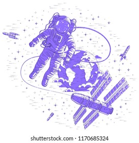 Spaceman flying in open space connected to space station and earth planet in background, astronaut man or woman in spacesuit floating in weightlessness and spacecraft, rockets and stars. Vector.