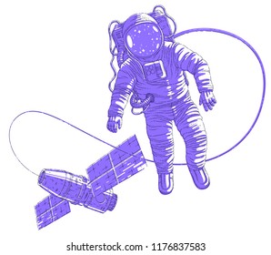 Spaceman flying in open space connected to space station, astronaut man or woman in spacesuit floating in weightlessness and iss spacecraft behind him. Vector illustration isolated over white.