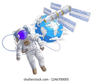 Spaceman flying in open space connected to space station and earth planet in background, astronaut man or woman in spacesuit floating in weightlessness and iss spacecraft behind him. Vector.