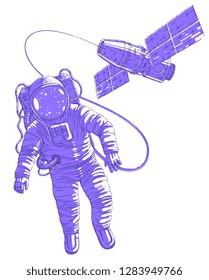 Spaceman flying in open space connected to space station, astronaut man or woman in spacesuit floating in weightlessness and iss spacecraft behind him. Vector illustration isolated over white.