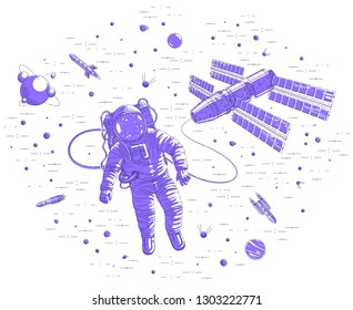 Spaceman flying in open space connected to space station, astronaut man or woman floating in cosmos and iss spacecraft surrounded by undiscovered planets and stars. Vector illustration isolated.