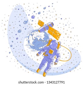 Spaceman flying in open space connected to space station and earth planet in background, astronaut man or woman in spacesuit floating in weightlessness and spacecraft, asteroids and stars. Vector.