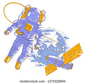 Spaceman flying in open space connected to space station and earth planet in background, astronaut man or woman in spacesuit floating in weightlessness and iss spacecraft behind him. Vector.