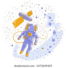 Spaceman flying in open space connected to space station, astronaut man or woman floating in cosmos and iss spacecraft surrounded by asteroids, stars and planets. Vector illustration isolated.