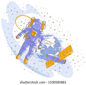 Spaceman flying open space connected to space station and earth planet in background, astronaut man or woman in spacesuit floating in weightlessness and spacecraft, stars and other elements. Vector.