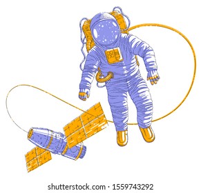 Spaceman flying in open space connected to space station, astronaut man or woman in spacesuit floating in weightlessness and iss spacecraft behind him. Vector illustration isolated over white.