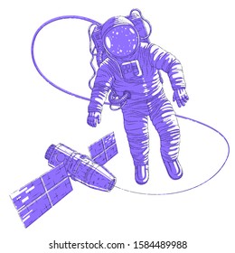 Spaceman flying in open space connected to space station, astronaut man or woman in spacesuit floating in weightlessness and iss spacecraft behind him. Vector illustration isolated over white.