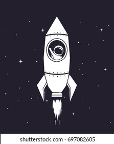 Spaceman flying in rocket to outer space.Cosmic personage .Childish vector illustration