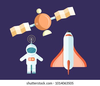 Spaceman and flying satellite with rocket vector colorful poster. Astronaut and transportation means for traveling to space