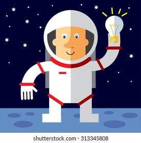 Spaceman get the idea holding bulb.  Flat vector illustration