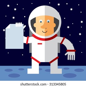 Spaceman holding blank sheet of paper. Flat vector illustration