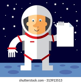 Spaceman holding blank sheet of paper. Flat vector illustration