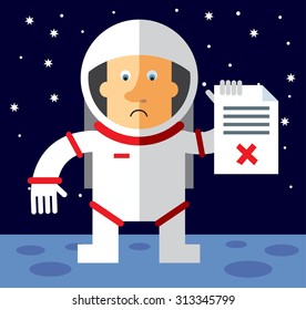 Spaceman  holding checklist with X sign. Flat vector illustration