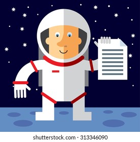 Spaceman holding document. Flat vector illustration