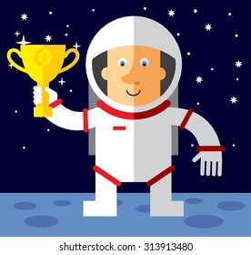Spaceman holding winning trophy. Flat vector illustration