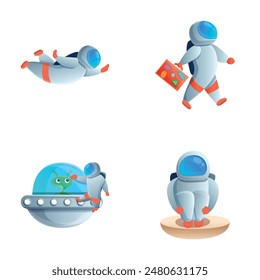 Spaceman icons set cartoon vector. Cosmonaut in weightlessness and green alien. Cartoon character