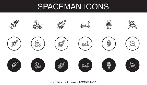 spaceman icons set. Collection of spaceman with space shuttle, meteorite, moon rover, astronaut, lander. Editable and scalable spaceman icons.