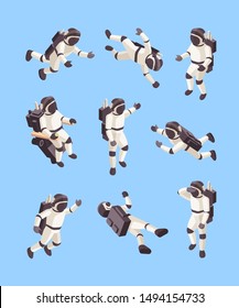 Spaceman isometric. Future human explorer space floating astronaut in special costume planet orbit cosmo character vector 3d