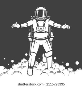 Spaceman With Jetpack Vintage Print. Astronaut Flying In Spacesuit - Black And White Retro Poster. Vintage Spaceman. Vector Illustration