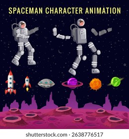 Spaceman kit constructor in cartoon style, fantasy space cartoon game background