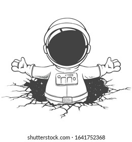 spaceman knocked a wall out from space and welcomes us. Vector illustration