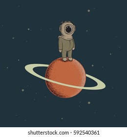 Spaceman like a diver standing on the red planet.Childish vector illustration.Retro character design