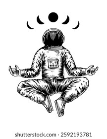 Spaceman meditating with moons in vintage engraved style. drawing of an astronaut in space done by hand in pen and ink in jumpsuit. astronomy and astrology illustration 