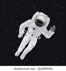 Spaceman in modern pressure suit out in space among shiny stars in dark sky cartoon flat vector illustration. Equipped cosmonaut in zero gravity.