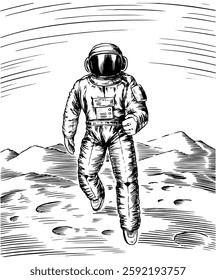 Spaceman on Mars in vintage engraved style. drawing of an astronaut in space done by hand in pen and ink in jumpsuit. astronomy and astrology illustration 