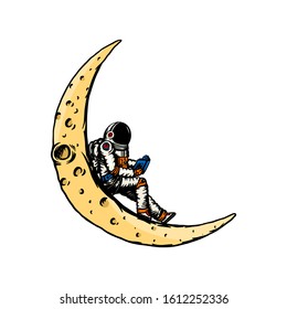 Spaceman on the moon. Astronaut is reading a book. Astronomical galaxy space. Funny cosmonaut explore adventure. Engraved hand drawn in old sketch. Planets in the solar system.