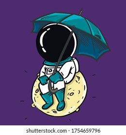 spaceman on the moon under umbrella planet