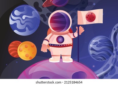 Spaceman on planet. Astronaut in another galaxy, exploration of new dimensions. Futuristic images and innovations. Weightlessness and lack of gravity, adventure. Cartoon flat vector illustration