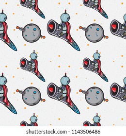 Spaceman on the rocket seamless pattern. Retro futurism, cartoon style vector illustration.