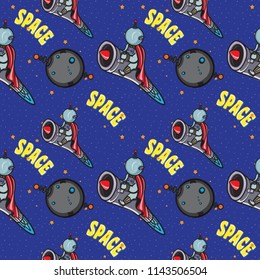Spaceman on the rocket seamless pattern. Retro futurism, cartoon style vector illustration.