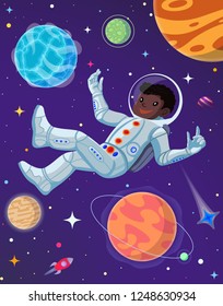Spaceman at open space floating in antigravity. Vector cartoon illustration