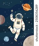 Spaceman in outer space, man in astronaut costume flying among planets and stars, flat cartoon vector background. Spaceman in cosmos, science in cosmos, astronomy backdrop