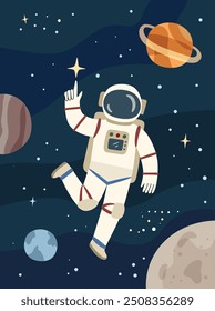 Raumfahrer im Weltraum, Mann in Astronautenkostüm fliegen zwischen Planeten und Sternen, flacher Cartoon, Vektorhintergrund. Raumfahrer im Kosmos, Wissenschaft im Kosmos, astronomischer Hintergrund