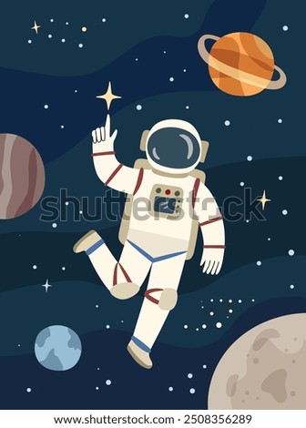 Spaceman in outer space, man in astronaut costume flying among planets and stars, flat cartoon vector background. Spaceman in cosmos, science in cosmos, astronomy backdrop