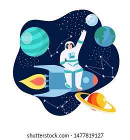 Spaceman in outer space with stars, moon, rocket, asteroids, constellation on background. Astronaut out of spaceship exploring universe and galaxy. Cartoon cosmonaut in spacesuit for your design.
